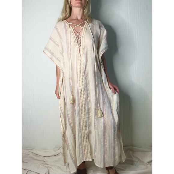 Z&L Golden Slumbers Metallic Stripe Cotton Kaftan Dress NWT US MEDIUM/LARGE - Picture 1 of 16